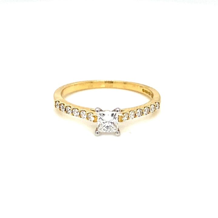 18ct Yellow Gold Princess Cut Diamond, Diamond Set Shoulder Ring