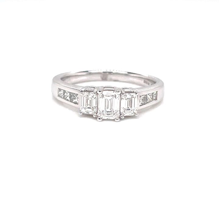 Platinum Emerald Cut Diamond Three Stone Ring Diamond Set Shoulders