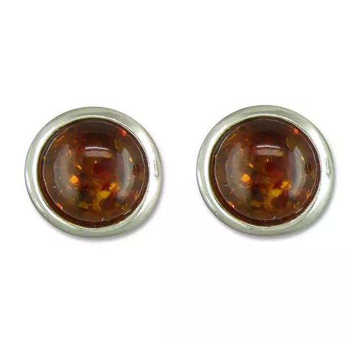 Silver Round Amber Stud Earrings