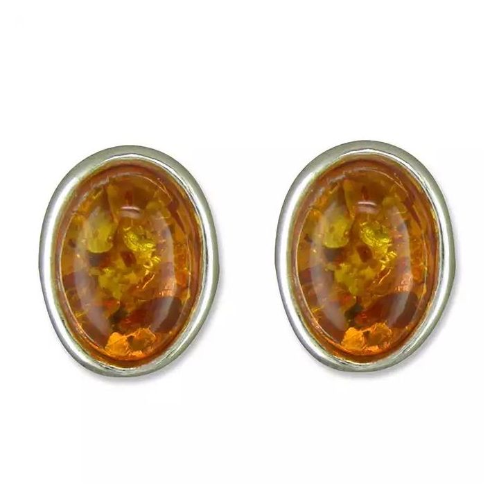 Silver Oval Amber Stud Earrings