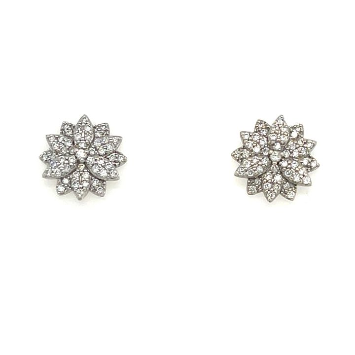9ct White Gold Flat Diamond Flower Cluster Earrings