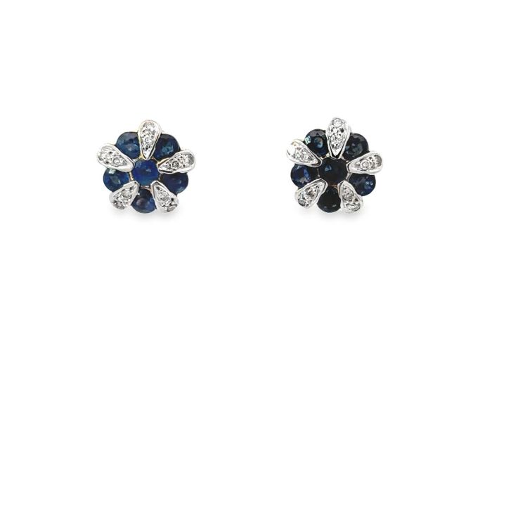 9ct Yellow Gold Sapphire & Diamond Round Flower Cluster Earrings