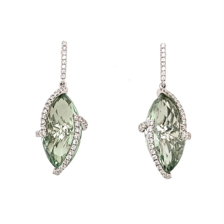 18ct White Gold Marquise Green Amethyst & Diamond Earrings