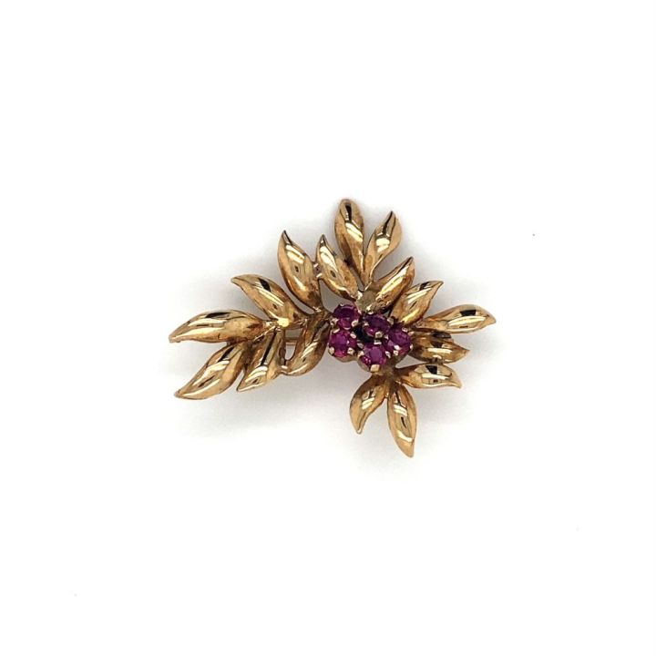 Preowned 9ct Yellow Gold Ruby Leaf Brooch