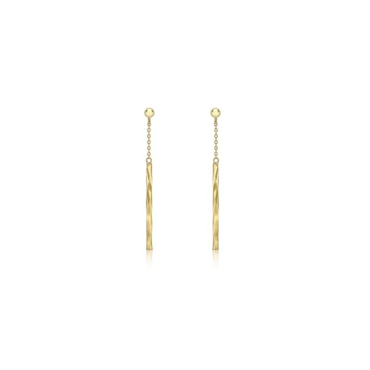 9ct Yellow Gold Diamond Cut Bar Drop Earrings