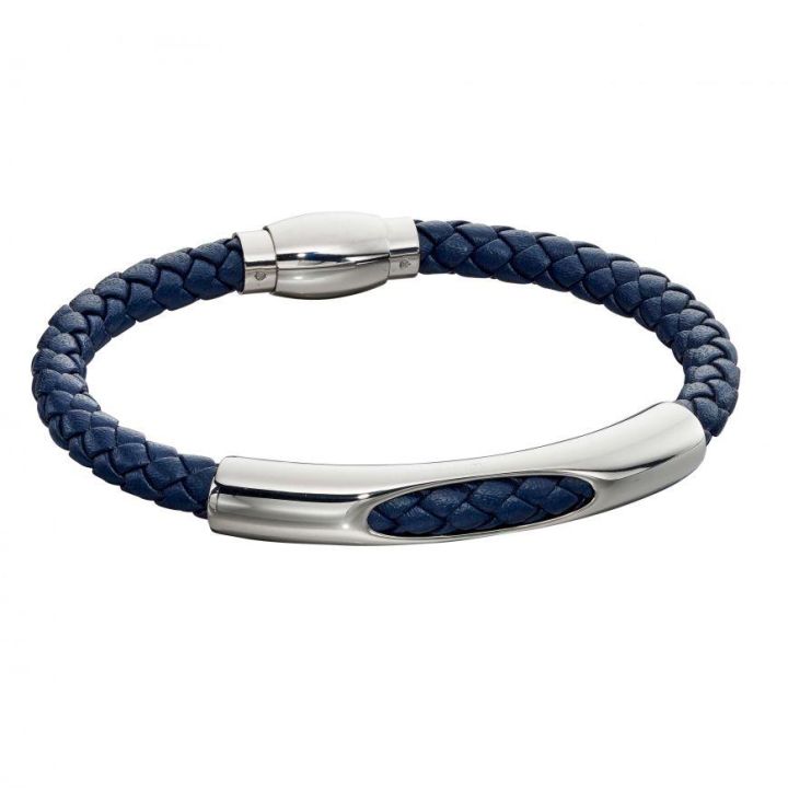 Fred Bennet Woven Navy Blue Leather & Stainless Steel Bracelet
