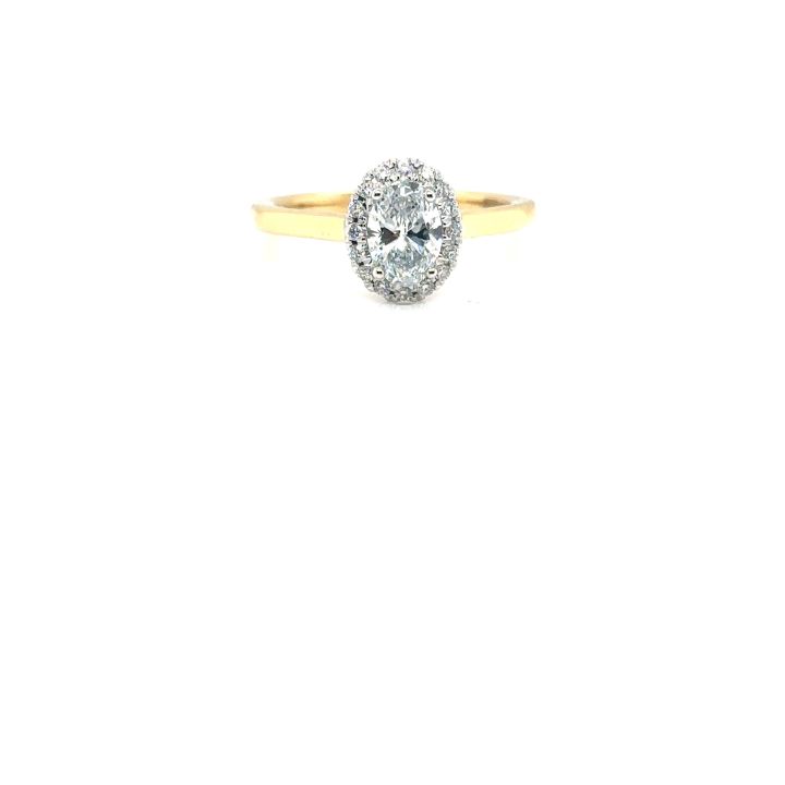 18t Yellow & White Gold Lab Grown Oval Diamond Halo Ring
