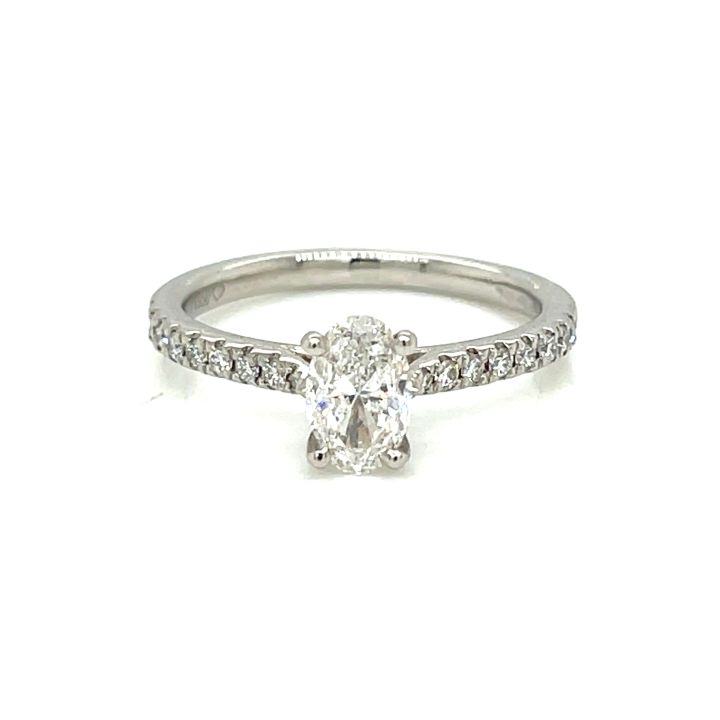 Platinum Oval Diamond, Diamond Set Shoulder Ring