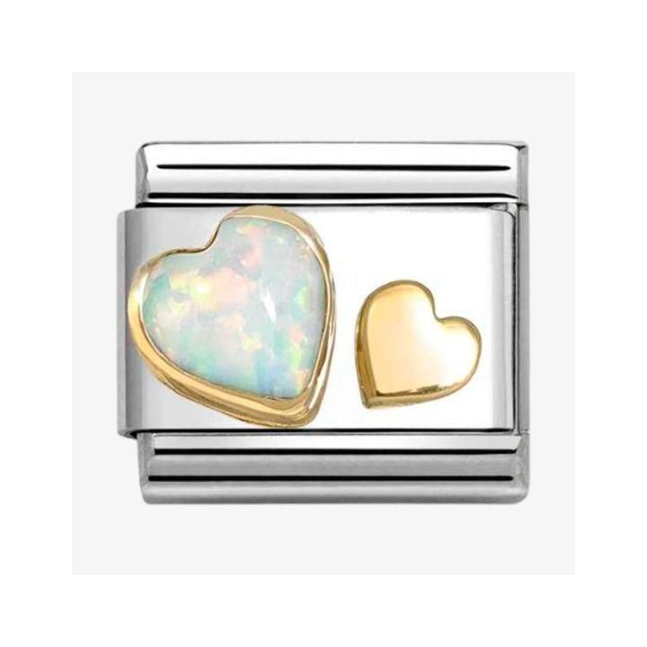 Nomination Classic Gold Double Heart White Opal Charm