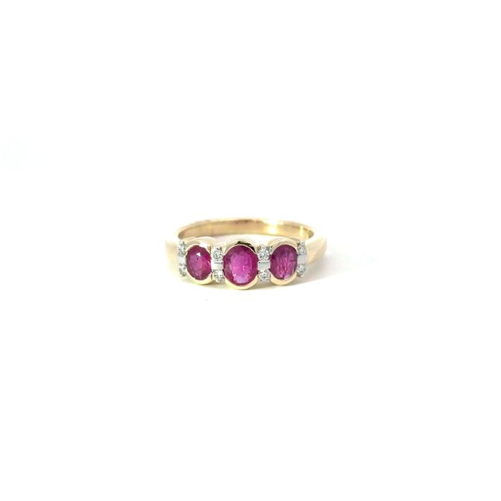 9ct Yellow Gold Three Stone Ruby & Six Stone Diamond Ring