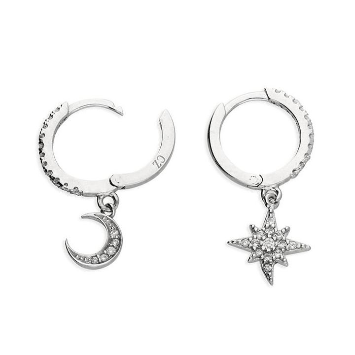 Sterling Silver Moon & Stars Cubic Zirconia Huggie Earrings