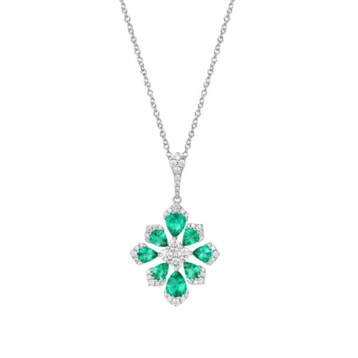 18ct White Gold Pear Shaped Emerald & Diamond Flower Shaped Pendant