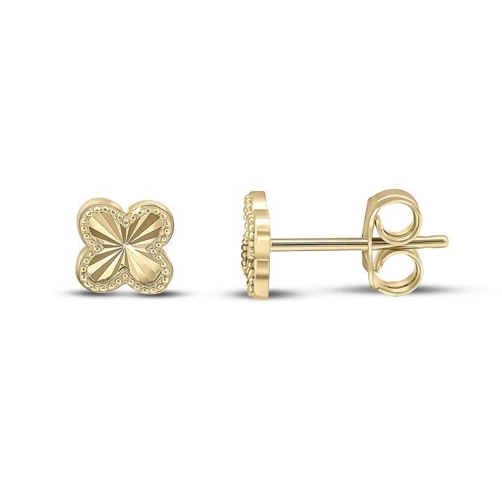 9ct Yellow Gold Diamond Cut Four Leaf Clover Stud Earrings