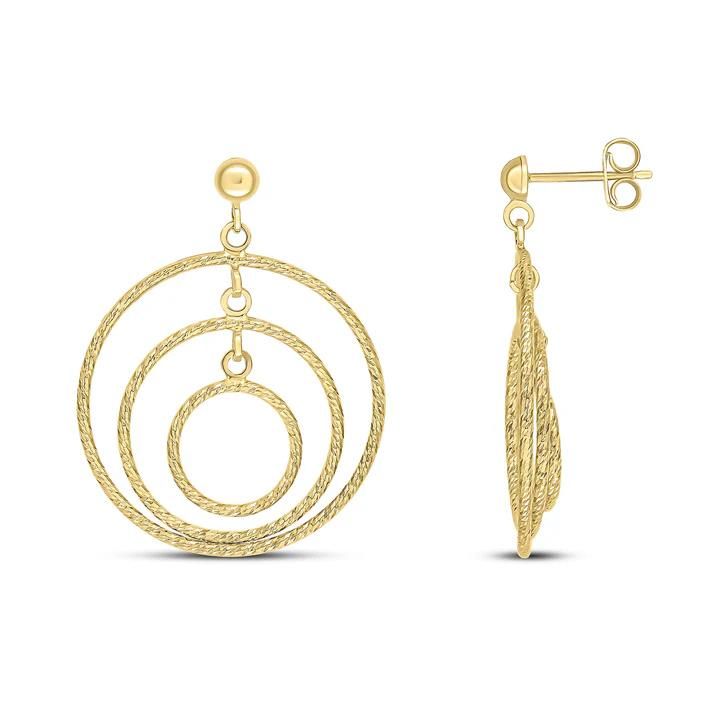 9ct Yellow Gold Triple Textured Circle Drop Earrings