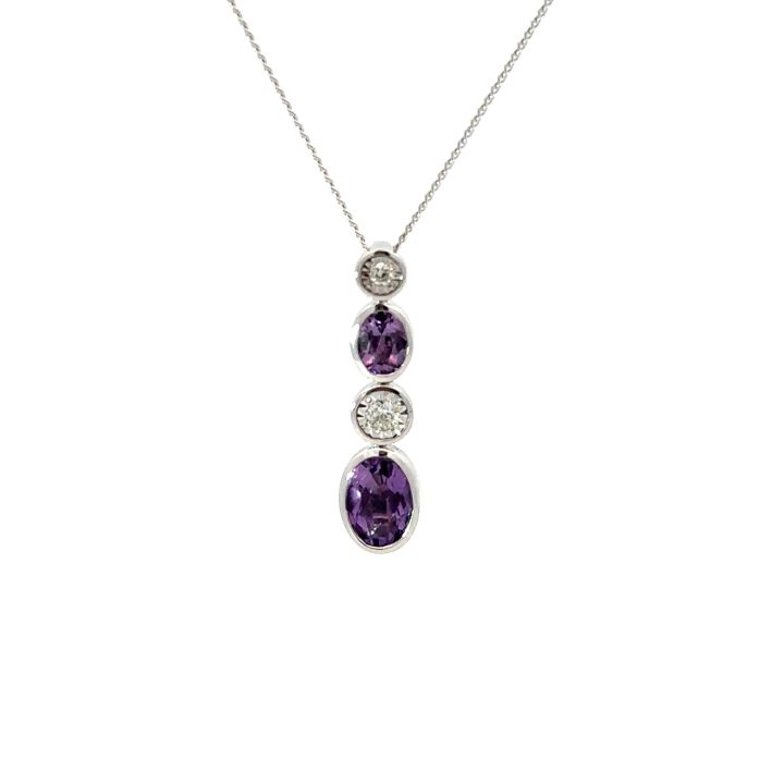 9ct White Gold Four Stone Amethyst & Diamond Pendant