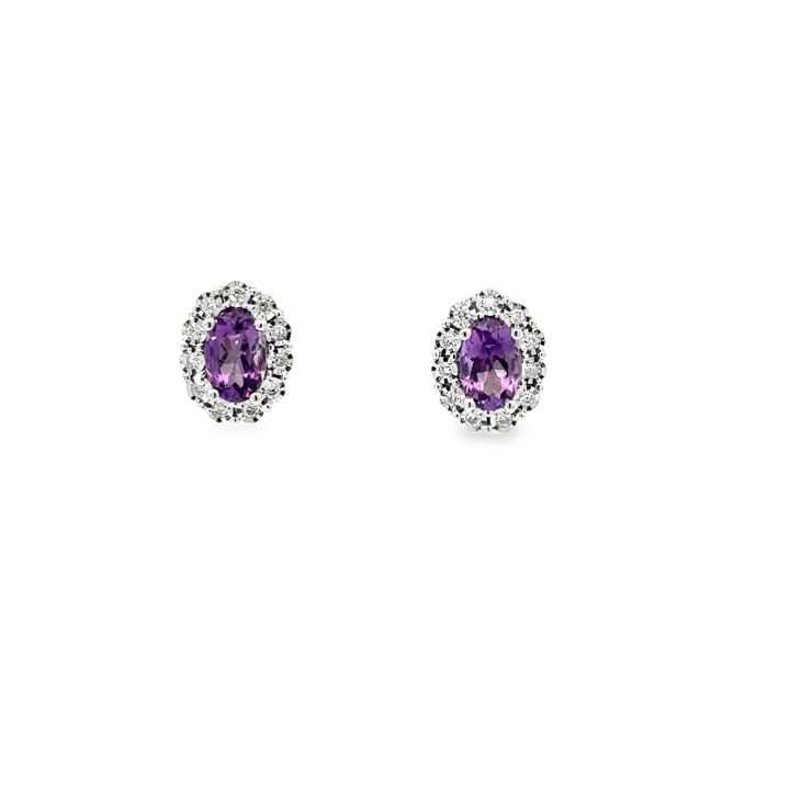 9ct White Gold Oval Amethyst & Diamond Cluster Earrings