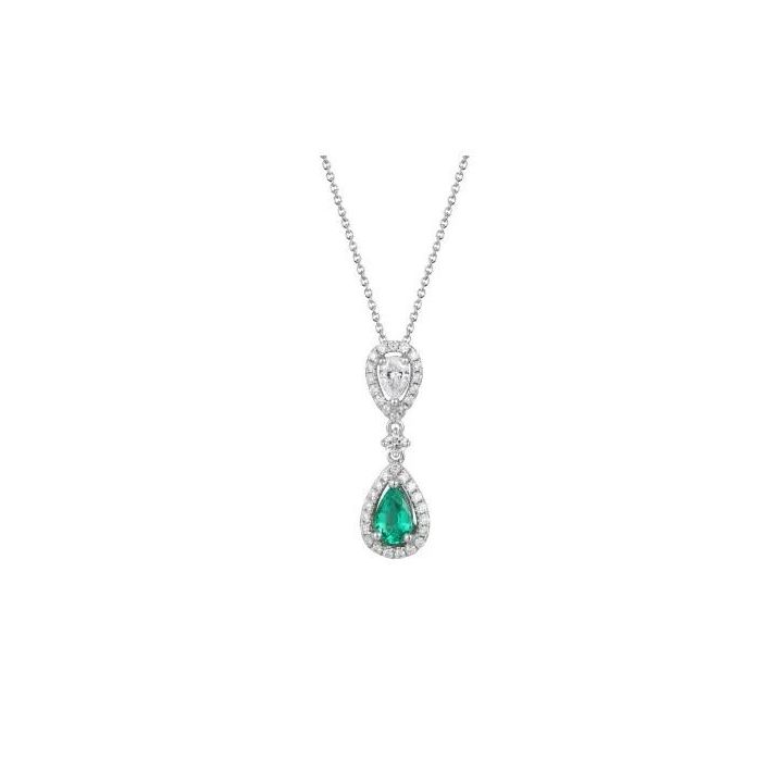 18ct White Gold Pear Shaped Emerald & Diamond Pendant