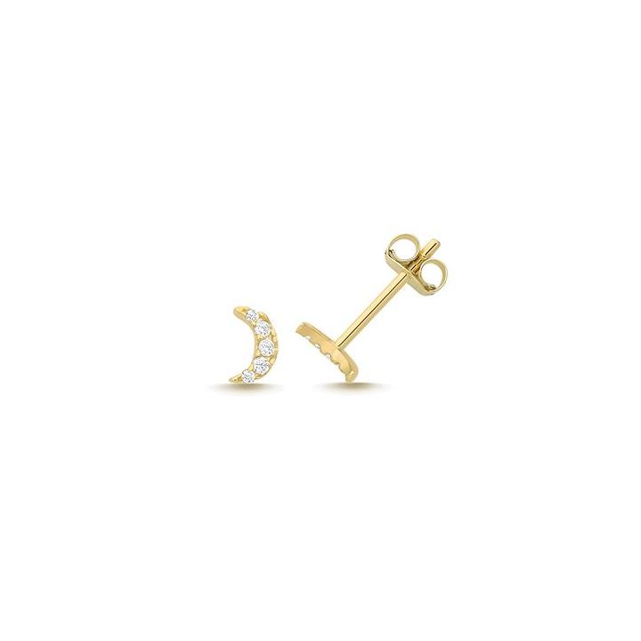 9ct Yellow Gold Crescent Moon Cubic Zircona Stud Earrings