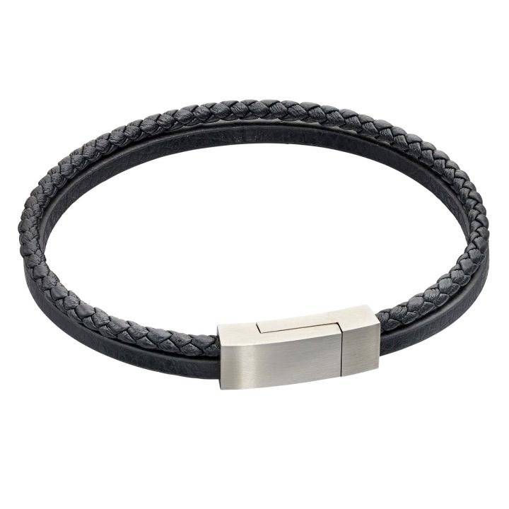 Fred Bennett Double Row Black Leather Bracelet