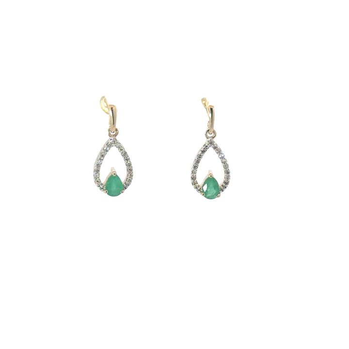 9ct Yellow Gold Pear Shaped Emerald & Diamond Earrings