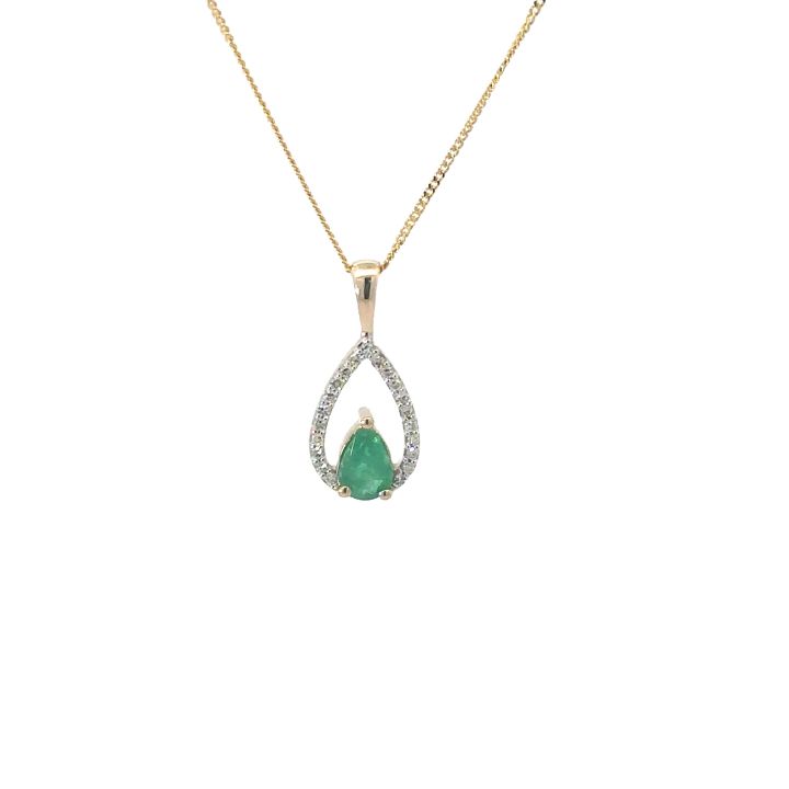 9ct Yellow Gold Pear Shaped Emerald & Diamond Pendant