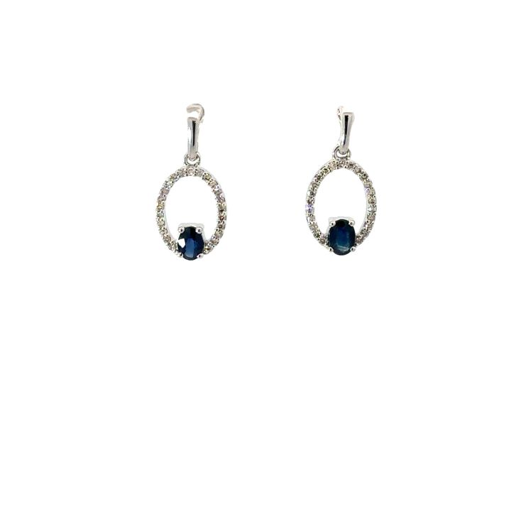 9ct White Gold Oval Sapphire & Diamond Drop Earrings