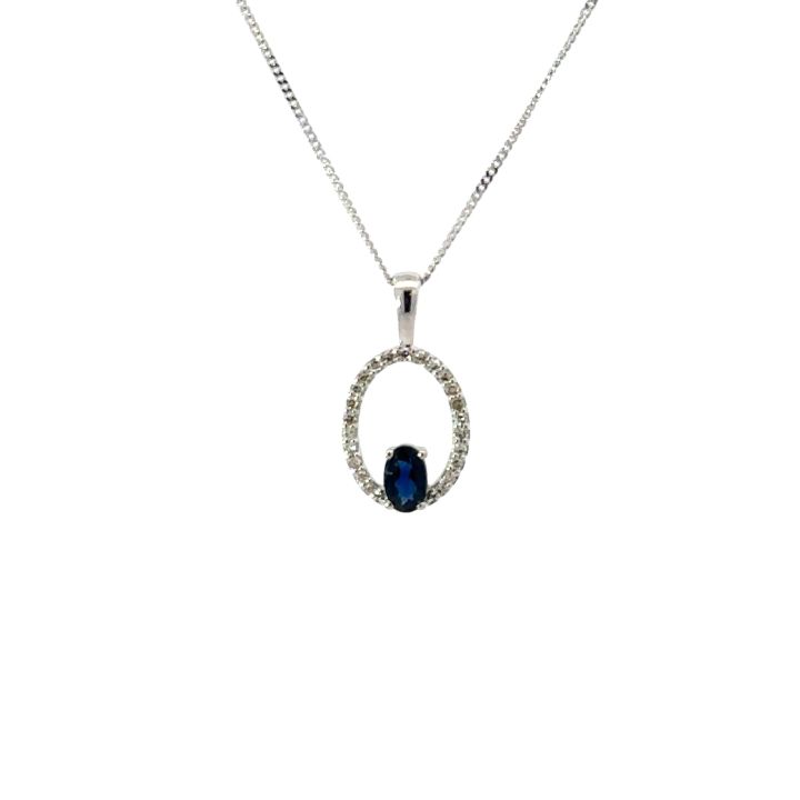 9ct White Gold Oval Sapphire & Diamond Pendant