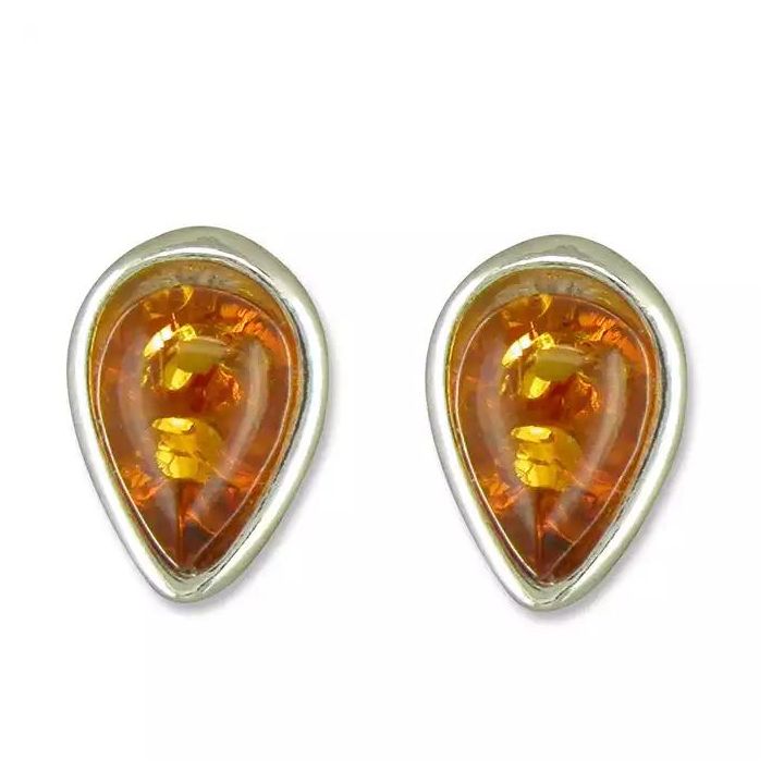 Silver Amber Teardrop Stud Earrings