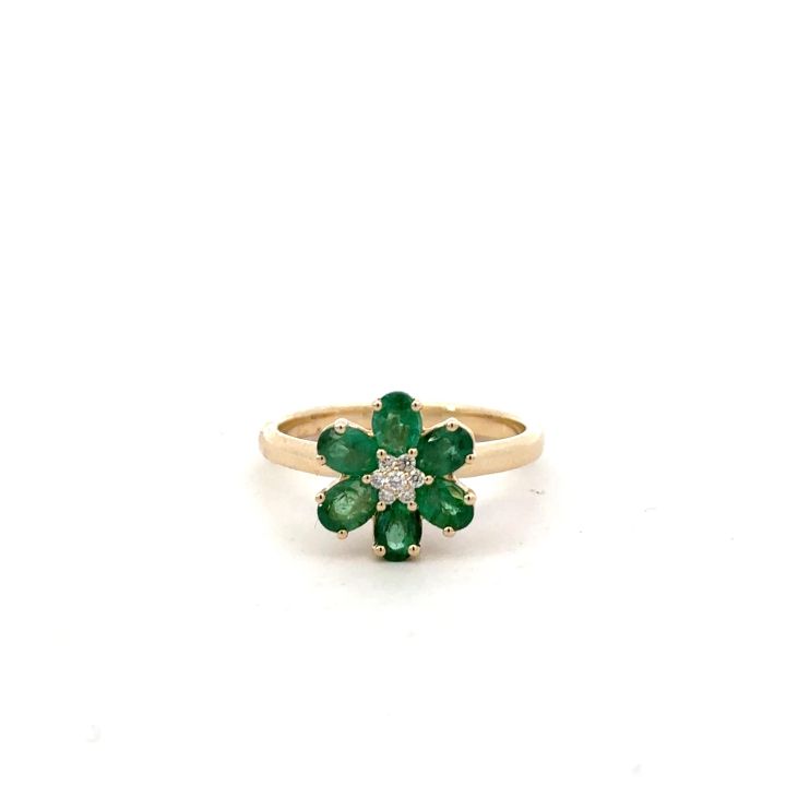 9ct Yellow Gold Emerald & Diamond Reverse Cluster Ring