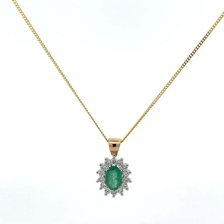 18ct Yellow & White Gold Emerald & Diamond Oval Cluster Pendant