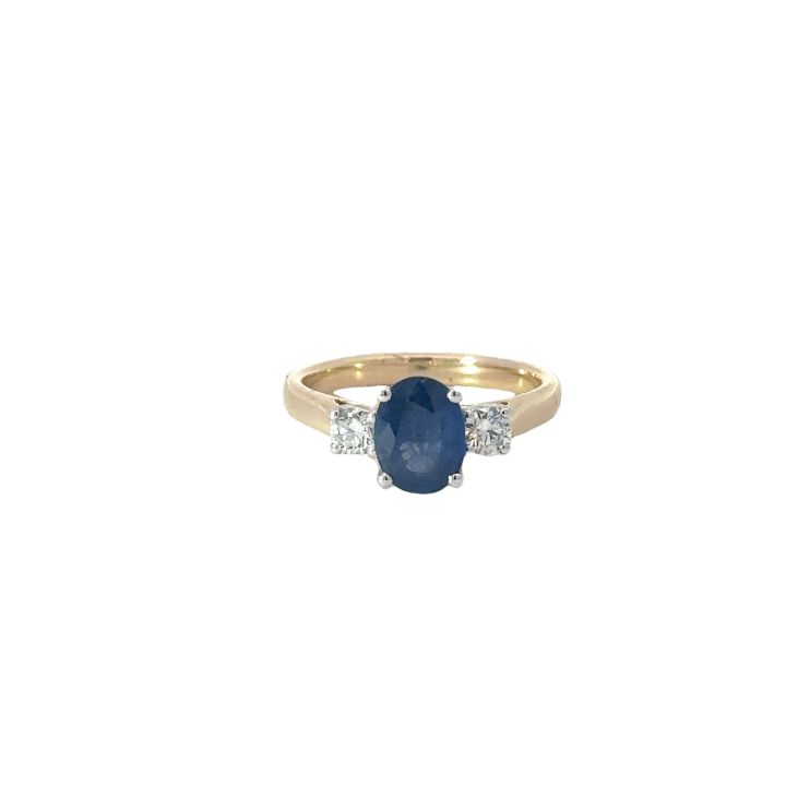 9ct Yellow Gold Oval Sapphire & Diamond Three Stone Ring