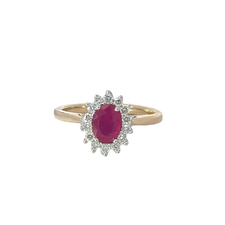 9ct Yellow Gold Oval Ruby & Diamond Cluster Ring