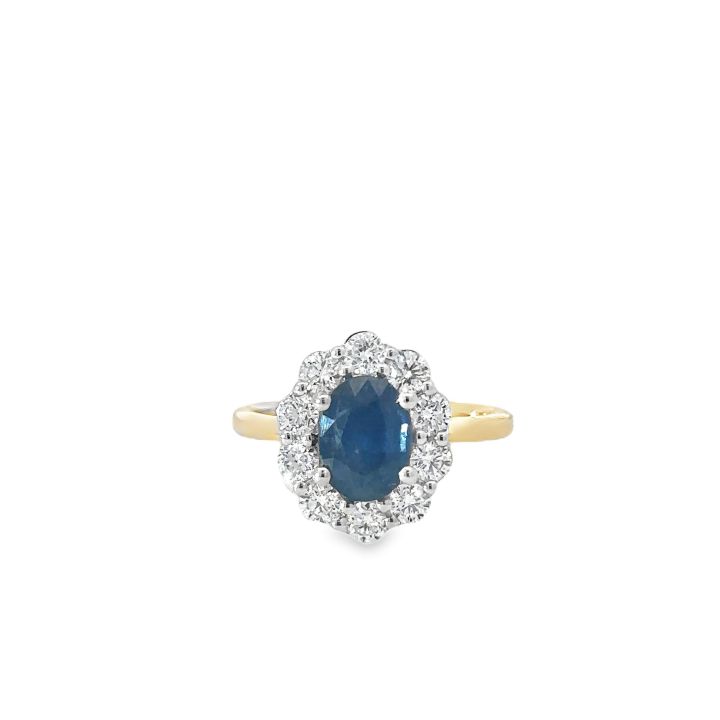 9ct Yellow Gold Oval Blue Sapphire & Diamond Cluster Ring