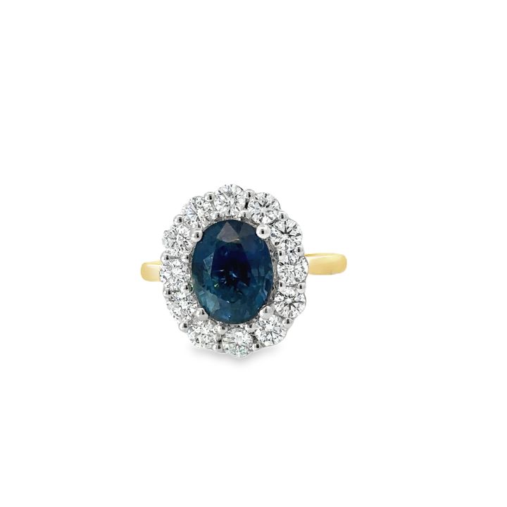 18ct Yellow Gold Oval Sapphire & DIamond Cluster Ring