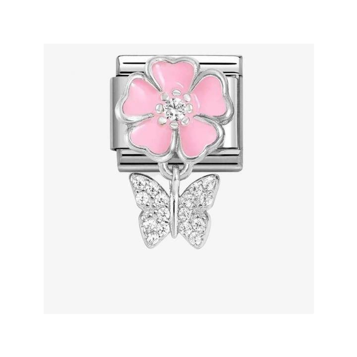 Nomination Silvershine Pink Flower Butterfly Dropper Charm