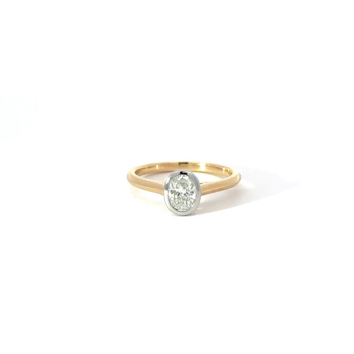 18ct Yellow Gold & Platinum Oval Diamond Rub Over Set Ring