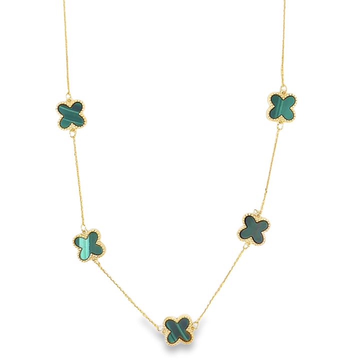 9ct Yellow Gold Malachite Clover Station Necklace