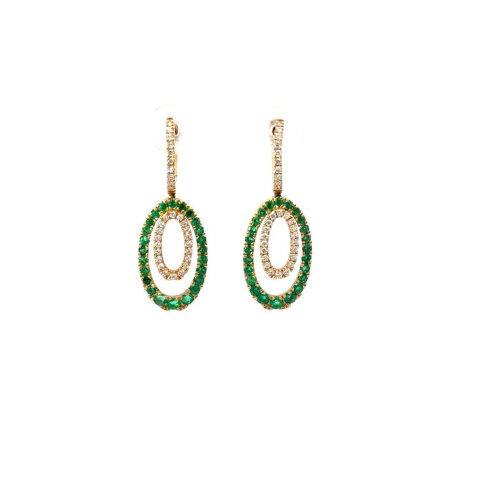 18ct Yellow Gold Emerald & Diamond Ovals Drop Earrings